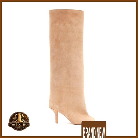Suede Knee High Boots Wide Calf Stiletto Square Toe Pull On Chic Elegant